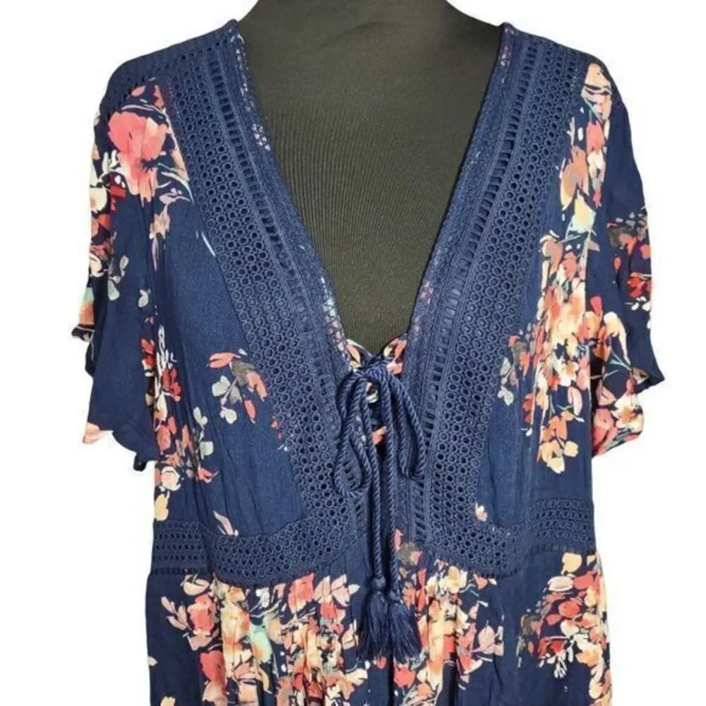 Torrid Navy Gauze Short Sleeve Skater Dress with Lace‎ Collar Detail and Pockets - Picture 7 of 10
